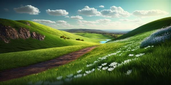 منظره زیبای بهاری با تپه‌های سبز و گل‌های مولد او
