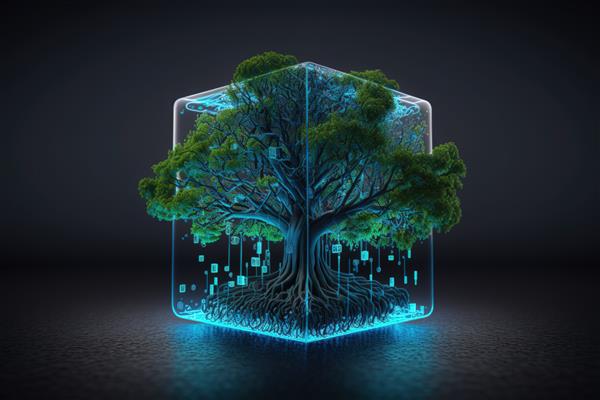 درختی که روی مکعب دیجیتالی سبز فناوری‌های مولد او رشد می‌کند