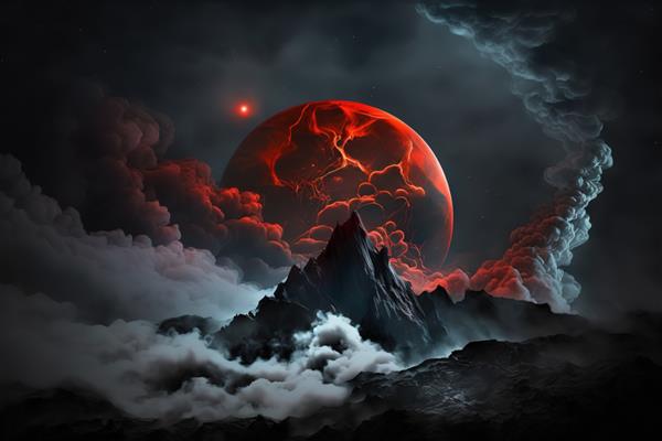 دیسک قرمز یک ماه بزرگ در آسمان شب بر فراز تپه‌های سنگی و کوه‌های مولد او