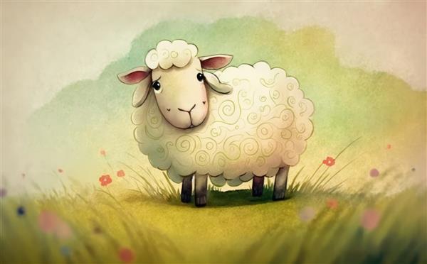گوسفندی در مزرعه ای با آسمان ابری تصاویر آبرنگ به سبک کارتونی کمک تولید شده است