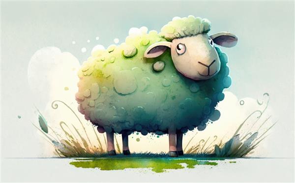 گوسفندی در مزرعه ای با آسمان ابری تصاویر آبرنگ به سبک کارتونی کمک تولید شده است