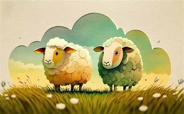 نقاشی گوسفند در مزرعه با آسمان ابری در پس زمینه کمک سبک کارتونی تولید شده است