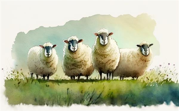 نقاشی گوسفند در مزرعه ای با زمینه سبز آبرنگ به سبک کارتون کمک تولید شده است