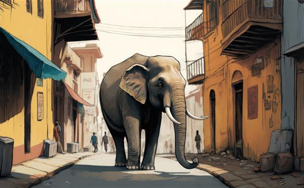 یک فیل در خیابانی در هند قدم می زند تصاویر آبرنگ برای بچه ها به سبک کارتونی کمک تولید شده است