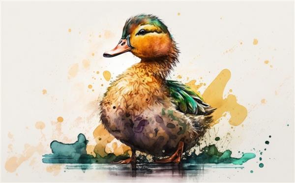 نقاشی اردک با تصاویر پرهای سبز و سفید برای کودکان به سبک کارتونی ساخته شده است
