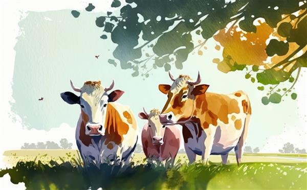 نقاشی از گاوها در یک مزرعه با درختان در پس زمینه تصاویر برای بچه ها کمک تولید شده است