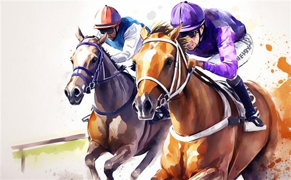 مسابقه اسب و جوکی در مسابقه مسابقه اسب دوانی تصاویر آبرنگ تصاویر کارتونی به سبک کمک تولید