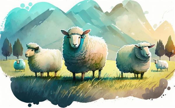 سه گوسفند در یک مزرعه با کوه در پس زمینه آبرنگ به سبک کارتون کمک تولید شده است