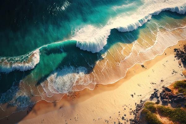 نمای فوق‌العاده دیدنی از عکس هواپیمای بدون سرنشین از ساحل صورتی زیبا با نور خورشید آرامش‌بخش امواج آب دریا که به شن‌ها در ساحل می‌کوبند آرامش و مناظر با طراوت ساحل ایجاد شده با استفاده از هوای مولد