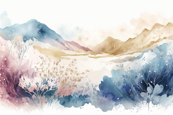 کوه‌های آبرنگ با گل‌ها چاپ مینیمالیست زیبا برای دکوراسیون شما برای تبریک کارت پستال و ایجاد پوستر