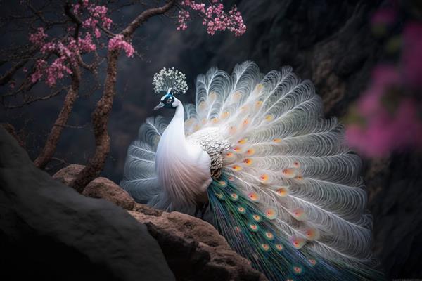 طاووس سفید زیبا در پس زمینه درختان گلدار صخره های مولد ai