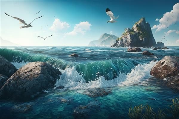 امواج اقیانوس یا دریا با فوم سفید منظره ای طبیعی با پرندگان در حال پرواز در آسمان مولد آبی آبی