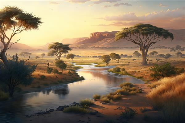 تصویری خارق‌العاده از درختان و کوه‌های اقاقیا رودخانه‌ای وحشی در افق مولد او