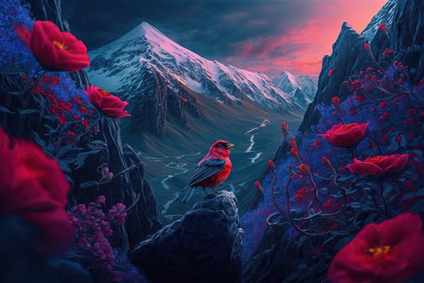 پرنده‌ای با بال‌های آبی روشن و پرهای قرمز روی تپه‌ای در پس‌زمینه کوه‌ها با نور بنفش نور مولد او نشسته است