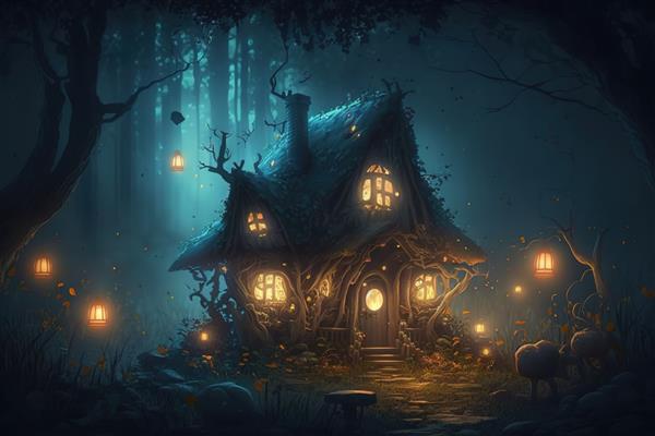 تصویری جادویی از خانه جادوگر ساخته شده از چوب تیره با قارچ‌های درخشان و جنگل‌آفرینی شبانه