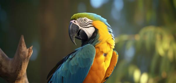 طوطی ماکائو روی شاخه ای نشسته است در جنگل آبی و زرد ماکائوی استوایی پرنده تولید شده