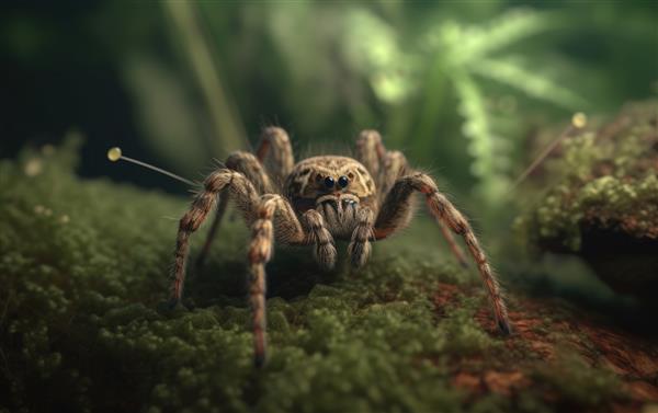یک عنکبوت استوایی نزدیک در پس‌زمینه جنگل‌های بارانی حیوانات وحشی جنگل‌های وحشی تولید شد