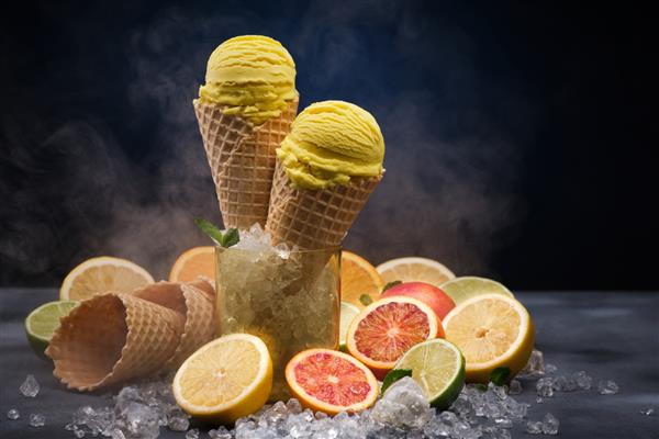 بستنی لیمویی میوه ای در مخروط وافل