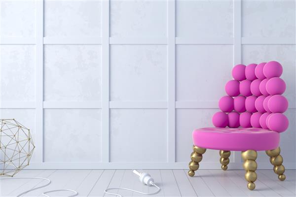تصویر سه بعدی اتاق نشیمن مدرن ممفیس و صندلی راحتی بنفش بنفش رنگ های روشن
