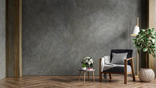 فضای داخلی اتاق نشیمن در آپارتمان شیروانی با صندلی راحتی دیوار بتنی رندر سه بعدی