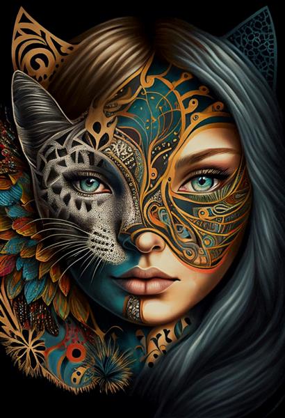 پرتره زن گربه دختر زیبا با ماسک گربه تصویر پس زمینه تیره