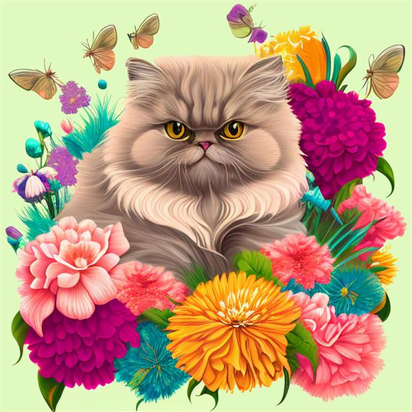 چاپ پوستر کارت پستال گربه ایرانی با گل