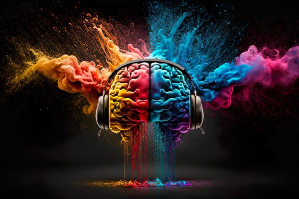 مفهوم موسیقی درمانی انفجار رنگ پودری رنگارنگ مغز با هدفون