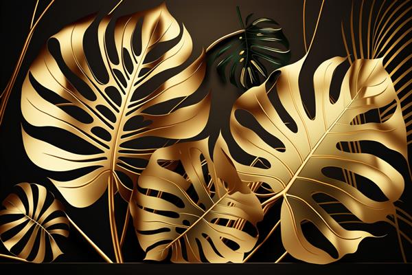 برگ‌ها و گیاهان گرمسیری با رنگ طلایی با چاپ مینیمالیستی زیبا برای دکوراسیون شما برای تبریک کارت پستال و ایجاد پوستر