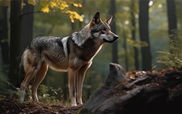 یک گرگ خاکستری از نزدیک در پس‌زمینه‌ی جنگل جانوران وحشی جنگلی تولید شده است