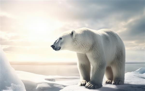 گرافیک زمستانی یک خرس قطبی سفید در پس‌زمینه قطب شمال برفی با کمک خرس قطبی تولید شده