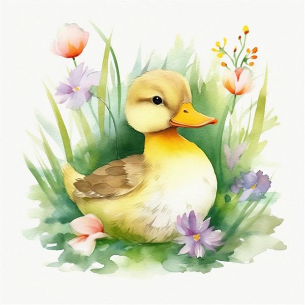 اردک بچه ناز در رنگ های پاستلی چمنی تصویر آبرنگ گل