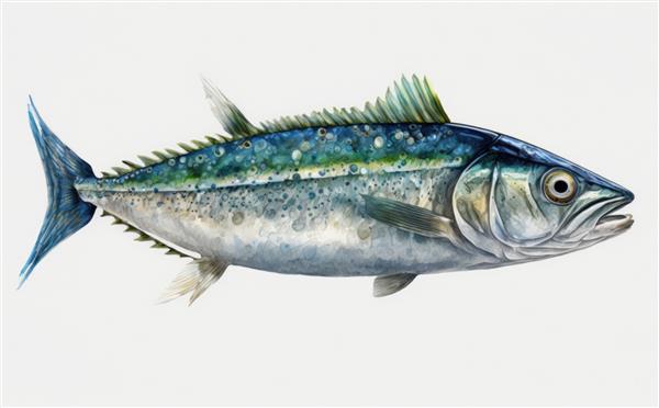 یک ماهی خال مخالی کشیده روی پس‌زمینه سفید تصاویری از غذاهای دریایی ارگانیک با آبرنگ ایجاد شد