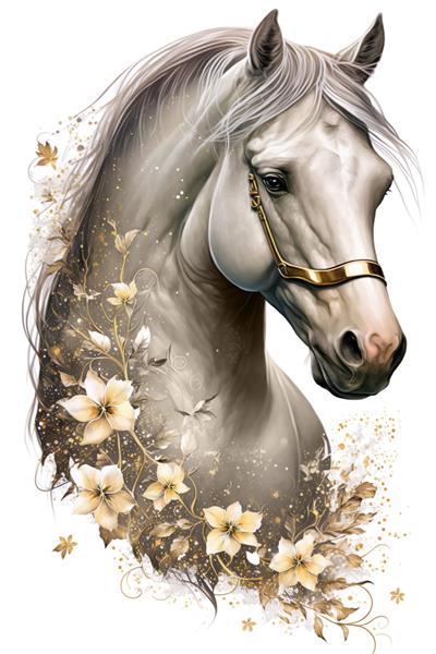 پوستر اسب سفید در قاب گیاه گل طلایی تصویر مولد
