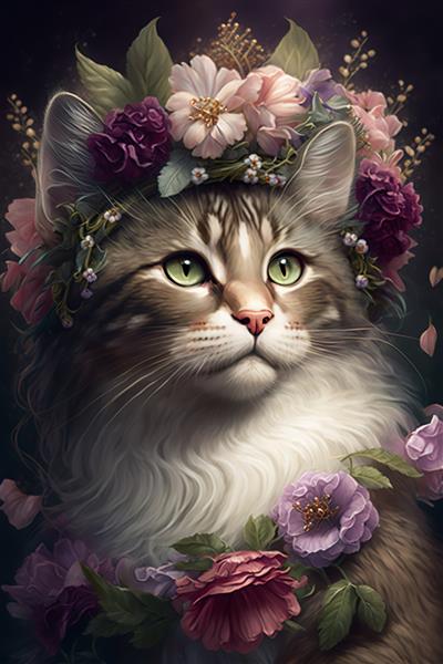 گربه ناز با گل های رز به سبک rococo مولد ai