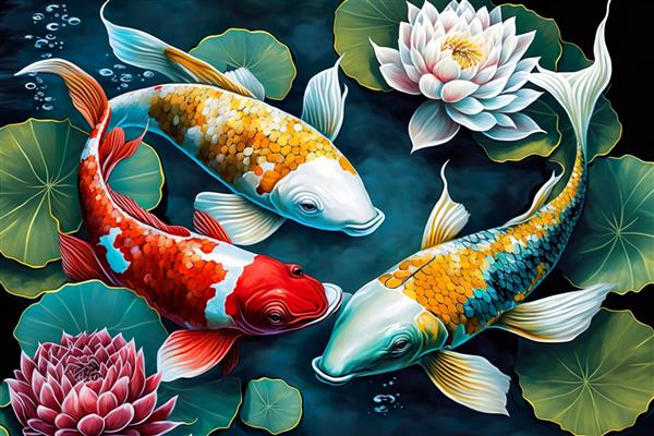 گل نیلوفر آبی کوی ماهی کپور طرح تصویری شرقی ژاپنی و چینی برای کاغذ دیواری هنر دیوار