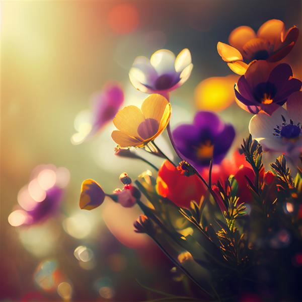 گلهای رنگارنگ زیبای بهاری و زمین چمن در یک روز آفتابی مولد او