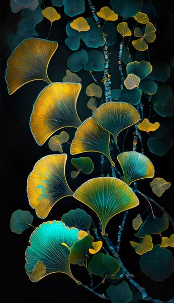 بنر پس‌زمینه سبز برگ‌های جینکو بیلوبا گل آرت دکو طلایی طرح الگوی طبیعی تصویر Ai