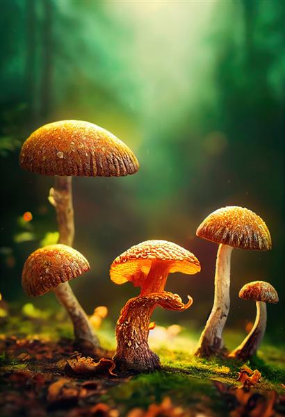 منظره ای با قارچ های افسانه ای که با قارچ های رنگارنگ روشن نقاشی شده اند