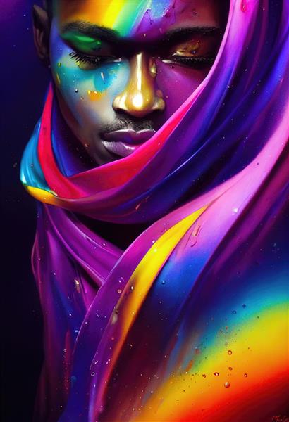 صحنه ای با مردی خیالی که با تمام رنگ های رنگ پوشیده شده است یک فانتزی رنگارنگ انتزاعی هنری