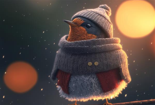 پرنده رابین جشن ناز با کلاه زمستانی و لباس مولد او
