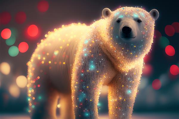 یک خرس قطبی جشن جادویی پوشیده از نورهای درخشان در یک صحنه زمستانی مولد او