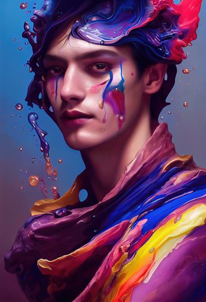 صحنه ای با مردی خیالی که با تمام رنگ های رنگ پوشیده شده است یک فانتزی رنگارنگ انتزاعی هنری