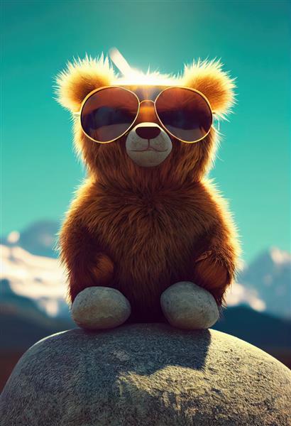 خرس عروسکی با عینک آفتابی که روی صخره ها در آفتاب استراحت می کند خرس اسباب بازی در حال آفتاب گرفتن در آفتاب