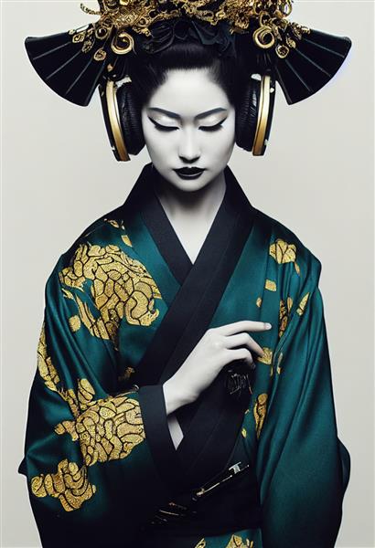 یک گیشا جوان زیبا با کیمونو و هدفون پرتره یک گیشا زیبا