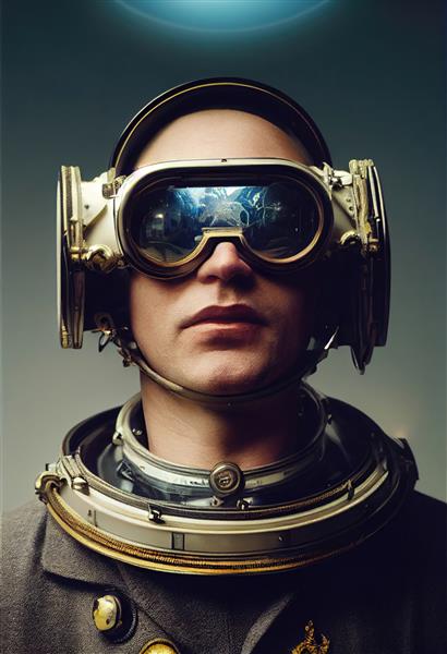 پرتره یک فضانورد خیالی با لباس فضایی و با عینک مجازی