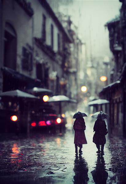 باران در یک شهرستان جاده مرطوب پیاده رو مردم در حال راه رفتن در شهر بارانی عصر مه آلود بارانی