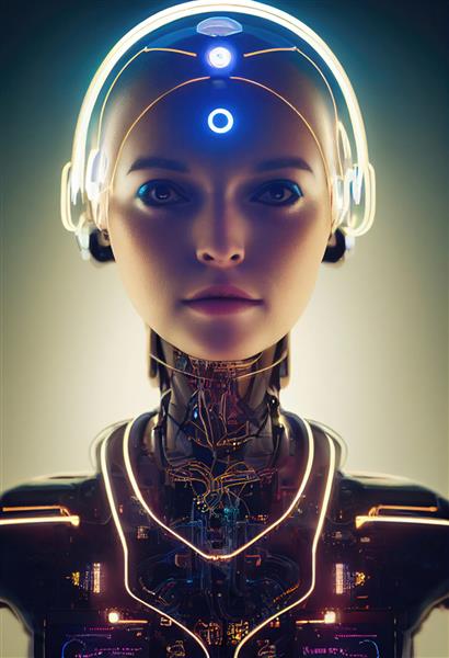 پرتره یک ربات زن آینده نگر یک فانتزی انتزاعی هنری استیمپانک