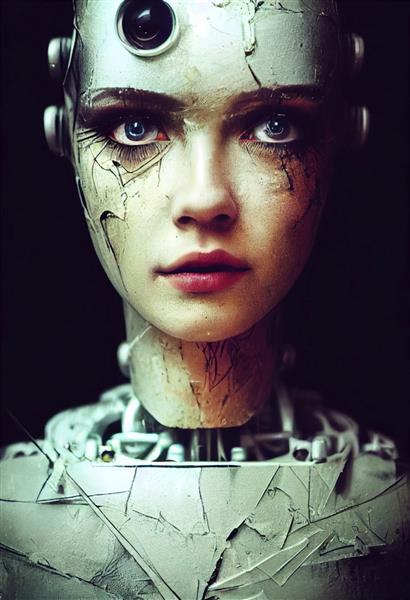 پرتره یک ربات زن آینده نگر یک مفهوم فانتزی استیم پانک هنری انتزاعی از یک ربات