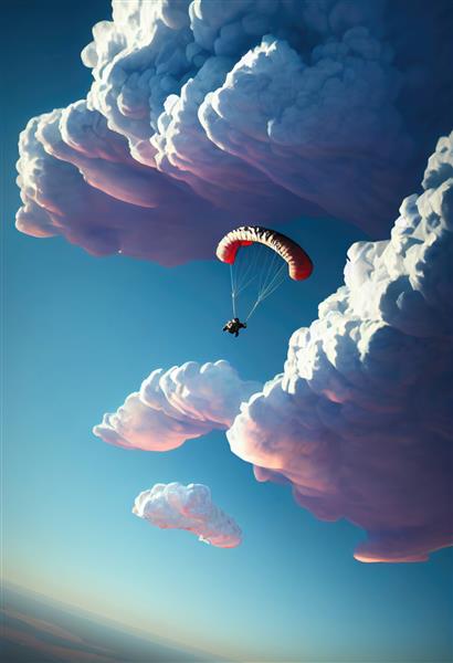 یک چترباز در آسمان آبی از میان ابرها پرواز می کند