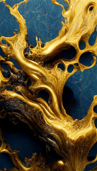 تصویری دیدنی از مایع آبی با بافت واقعی طلایی و تصویر سه بعدی هنر دیجیتال با کیفیت عالی